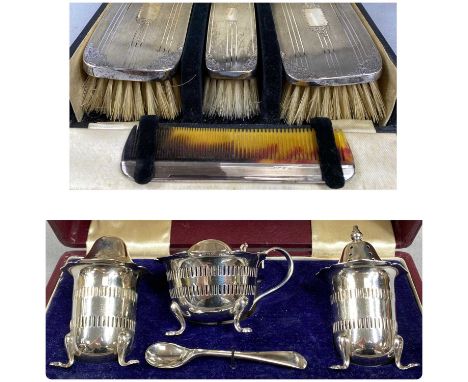 GEORGE V CASED SET OF THREE SILVER BACKED HAIRBRUSHES & COMB, engine turned decoration, Birmingham 1934, Hasset & Harper Ltd.
