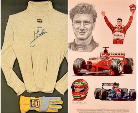 F1 - JARNO TRULLI SIGNED OMP ROLL NECK TOP & SINGLE GLOVE, 94.5 x 79cms overall, and colour print after Stuart McIntyre - tri