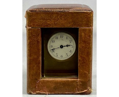 FRENCH LACQUERED BRASS FOUR-GLASS CARRIAGE CLOCK, circular white enamel dial with Arabic numerals, marked 'Finnigans Manchest