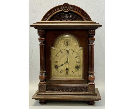 EDWARDIAN BEECH CASED DOME TOP MANTEL CLOCK, arched silvered dial with black Roman numerals and strike/silent dial, eight-day