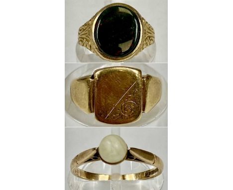 THREE 9CT YELLOW GOLD RINGS, bloodstone set signet ring, pearl set dress ring, and small signet ring, 5.8gms grossProvenance: