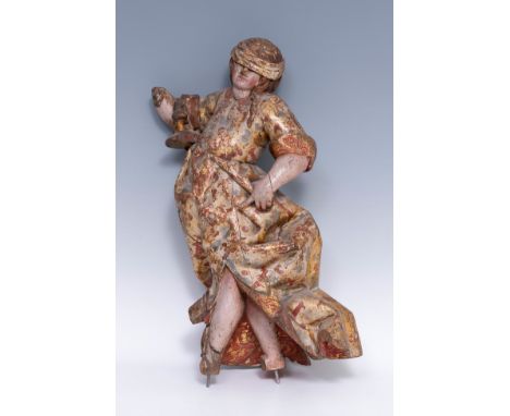 Spanish school, 17th century."Allegory of Faith".Wood carving, polychrome.It presents important faults.Measurements: 30 x 22 