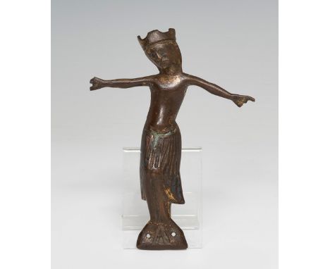 Christ Crucified; Limoges workshop, 12th-13th century.Copper.Part of the enamel is preserved.It shows losses and cracks.Measu