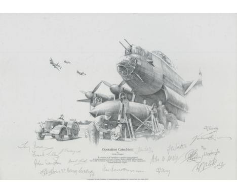 WW2 RAF. 14 617 Sqn and Tirpitz raiders Signed Nicolas Trudgian 35/250 Black and White Print titled Operation Catechism. Sign