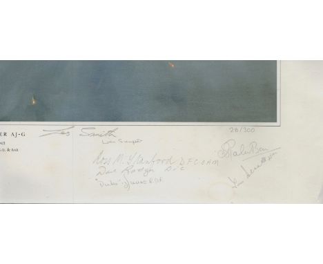 WW2. 7 Signed Cutting of a Print. Signed in pencil by Les Smith, Len Sumpter, Ross M Stanford, Dave Rodgers, Tom Bennett and 