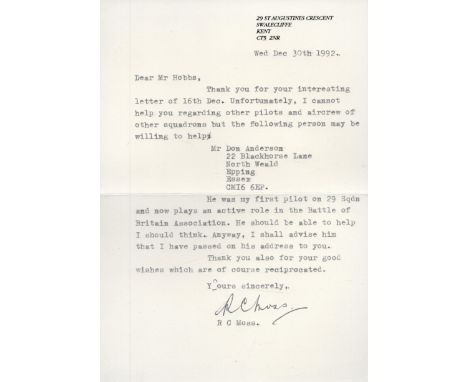 WW2 BOB fighter pilot R C Moss signed note typed inside greetings card with ref to 29 sqn. Good Condition. All autographs are