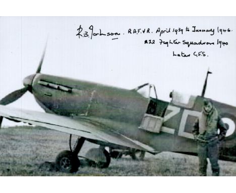 WW2 BOB fighter pilot R B Johnson 222 sqn signed6 x 4 b/w photo standing in front of his Spitfire. Good Condition. All autogr
