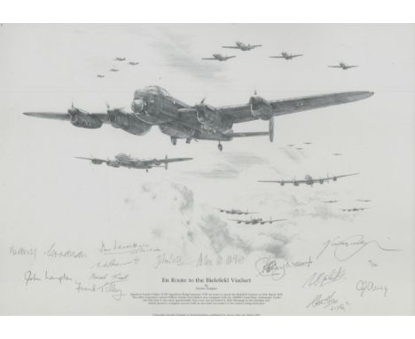 WW2 RAF. 12 617 Sqn veterans Signed Nicolas Trudgian 33/250 Black and White Print Titled En Route To the Bielefeld Viaduct. S