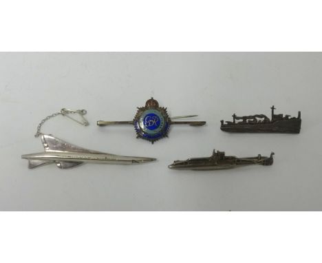 Four badges including silver Concorde, silver submarine, silver battleship and enamelled George V Royal Army service core bad