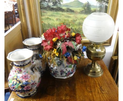 A pair of Lozol Ware, vases, matching planter and a brass oil lamp with opaque globular shade.