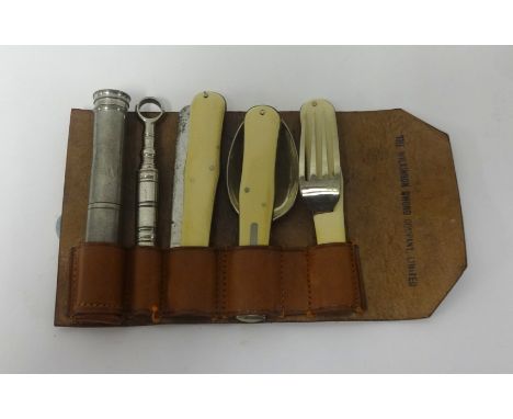 A military campaign cutlery set comprising fork, knife, spoon etc in original leather case, by Wilkinson Sword.