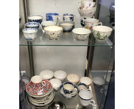 A collection of antique porcelain tea bowls and some saucers, English and Oriental, approx 25 including 18th century English 