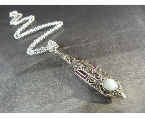 Art Nouveau-style silver pendant necklace with opal panel