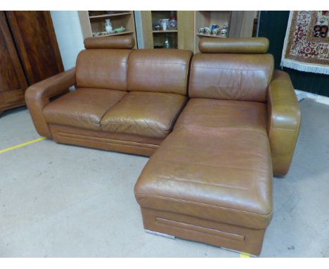 Tan leather three seater sofa with Chaise end by Denelli Italia