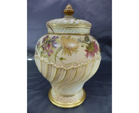 Royal Worcester Blush Ivory Pot Pouri vase with a gilt finial above a spirally reticulated cover (Damaged) and a plain inner 