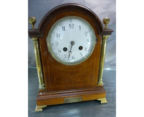 C.1800 and later bracket clock with enamelled dial. Handpainted numbers 1-12 with 5 subsidiary dial to outer ring. Pillared b