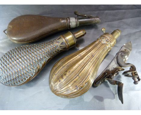 Two Copper embossed powder flasks and a third leather shot flask (containing lead shot). Also in this Lot a part flintlock me