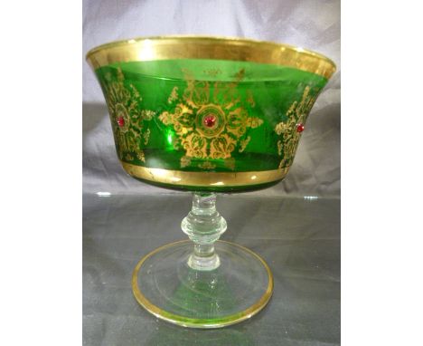 An early glass sweet dish (poss Bohemian) with applied ruby red glass dots and gilded decoration to the green bowl on a large