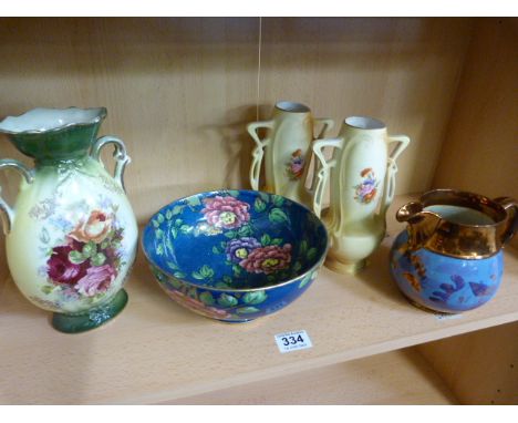 Maling Ware bowl on a blue splattered lustre ground decorated with gilded flowers, pair of Worcester style ivory blush twin h