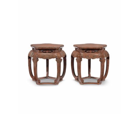 A RARE PAIR OF 'PRUNUS' TIANQI LACQUER STOOLS17th/18th centuryThe distinctive top shaped as a prunus flower, one finely decor