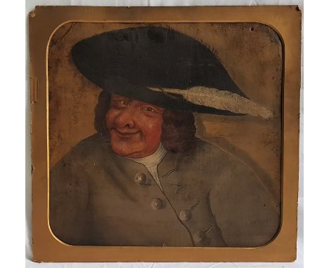 An 18th century oil on panel study of a Georgian gentleman with a feather hat, 53 x 51cm