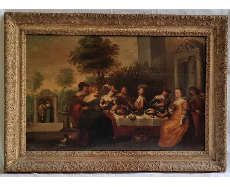 Old master study , probably depicting Charles I in profile, oil on panel, Depicting feast within buildings and lanscaped back