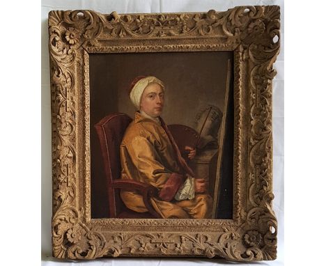 After Hogarth, self portrait of the artist, oil on canvas, gilt frame. 44 x 48cm