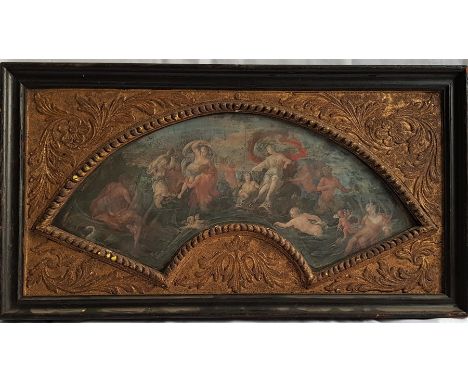 Old master interest , an allegorical oil on panel fan shaped study within carved and gilded frame frame measures 60 by 33cmad