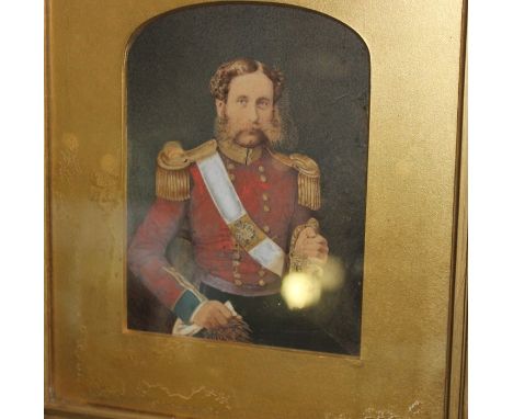 A 19th century portrait of a British Infantry officer,&nbsp;half length, wearing red uniform with gilt braid epaulettes, wate