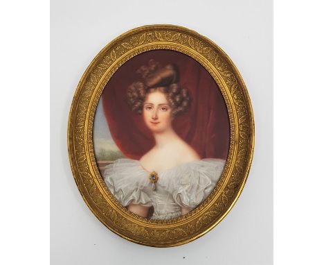 An early 19th century French oval portrait miniature, of a young woman wearing a white dress, enamel on porcelain, pressed fr