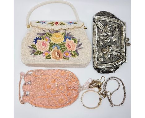 A French sequin evening bag, together with a floral embroidered and white bead handbag, a pink sequin and bead miser's purse,