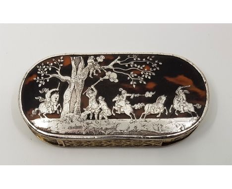 A mid 17th century silver inlaid tortoiseshell double snuff box, the gently domed tortoiseshell top inlaid and finely engrave