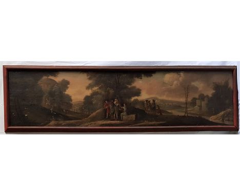 Large 18th century British school oil panel panorama view of figures within country estate170cm by 48cm including frame