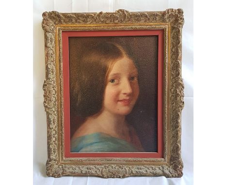 British School, 19th Century, portrait of a young lady, bust length wearing a blue dress, oil on artists board, 34 by 25cm, g