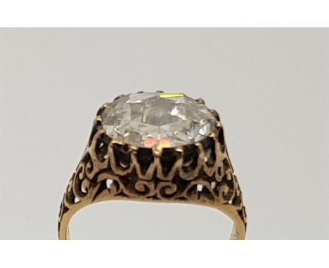 An antique precious yellow metal diamond solitaire ring, set single full dutch rose cut diamond, (approx. 10mm diameter), wit