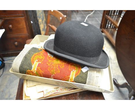 A collection of silks and needlework's, patch work and bowler hat