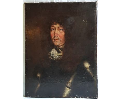 A 17th century Dutch oil on canvas portrait of a gentleman in an armour, labelled varso, a tribute to Van Soest, 74cm x 56cm