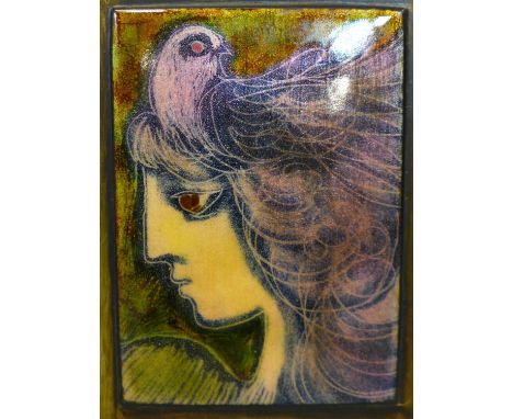 Peter Campbell (British, 1931-1989), 'Girl with a Pink Bird', enamel on copper, signed and dated 1985 to verso, framed, 18 x 