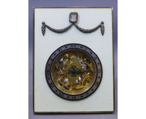 A silver and cloisonne enamelled table clock, with skeletonised dial with Roman chapter ring, having floral swag and intaglio