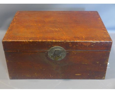 A 19th century Chinese lacquered trunk, with carrying handles, H.37 W.77 D.55cm 