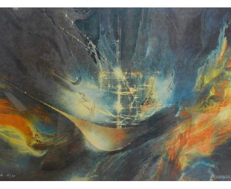 An abstract lithograph of a ship at sea, monogrammed EA and numbered 4/15, framed and glazed, 50 x 66cm 