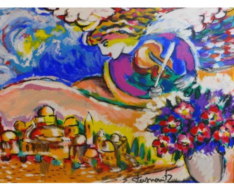 Zamy Steynovitz (Israeli, b.1951), 'Angel above Village', 1998, serigraph in colour on linen, hand-coloured in acrylic by art