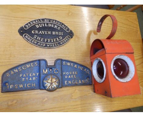 A cast iron Darnall railway carriage plate, Craven Bros., Sheffield, another by Ransomes, 'Star' Horse Rake, together with an