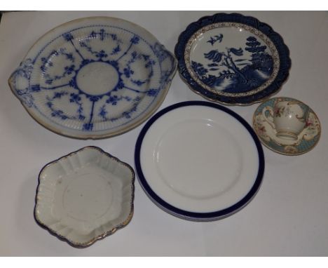 A plain 18thC Caughley hexagonal small tray, five various 19thC plates and a Myott coffee cup & saucer. (8)