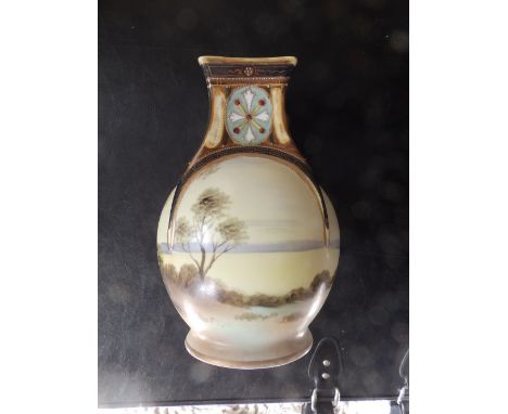 A Noritake vase painted lakeland scene with square section neck, 8.5”