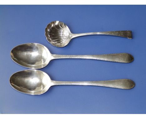 An 18thC Irish silver sauce ladle -CT (possibly Carden Terry), Cork, together with a pair of neoclassical Cork silver table s