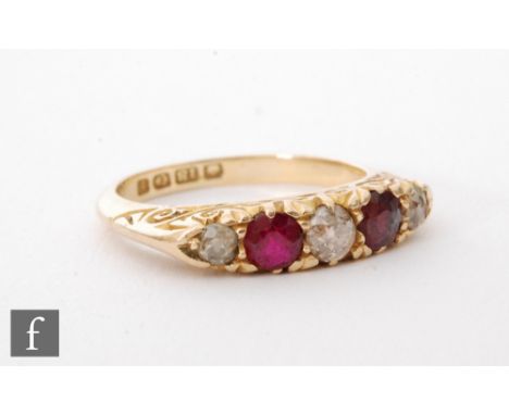 An 18ct hallmarked ruby and diamond five stone ring, alternating stones to a scrolled head, Birmingham 1905, ring size L, S/D