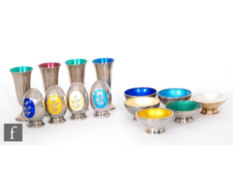 A harlequin set of four Danish silver and enamel open salts with conforming peppers all marked Meka, with four Gorham silver 