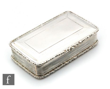 A Victorian hallmarked silver rectangular snuff box with part engine turned and ribbed decoration, opening to gilt interior, 