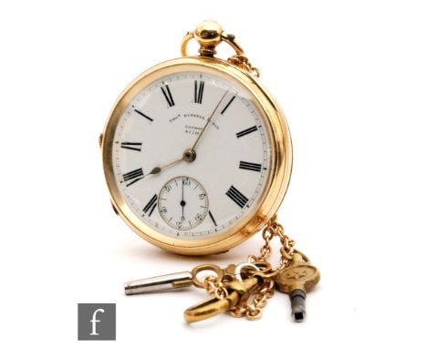 An 18ct hallmarked open faced key wind pocket watch, Roman numerals to a white enamelled dial, diameter of case 48mm, weight 